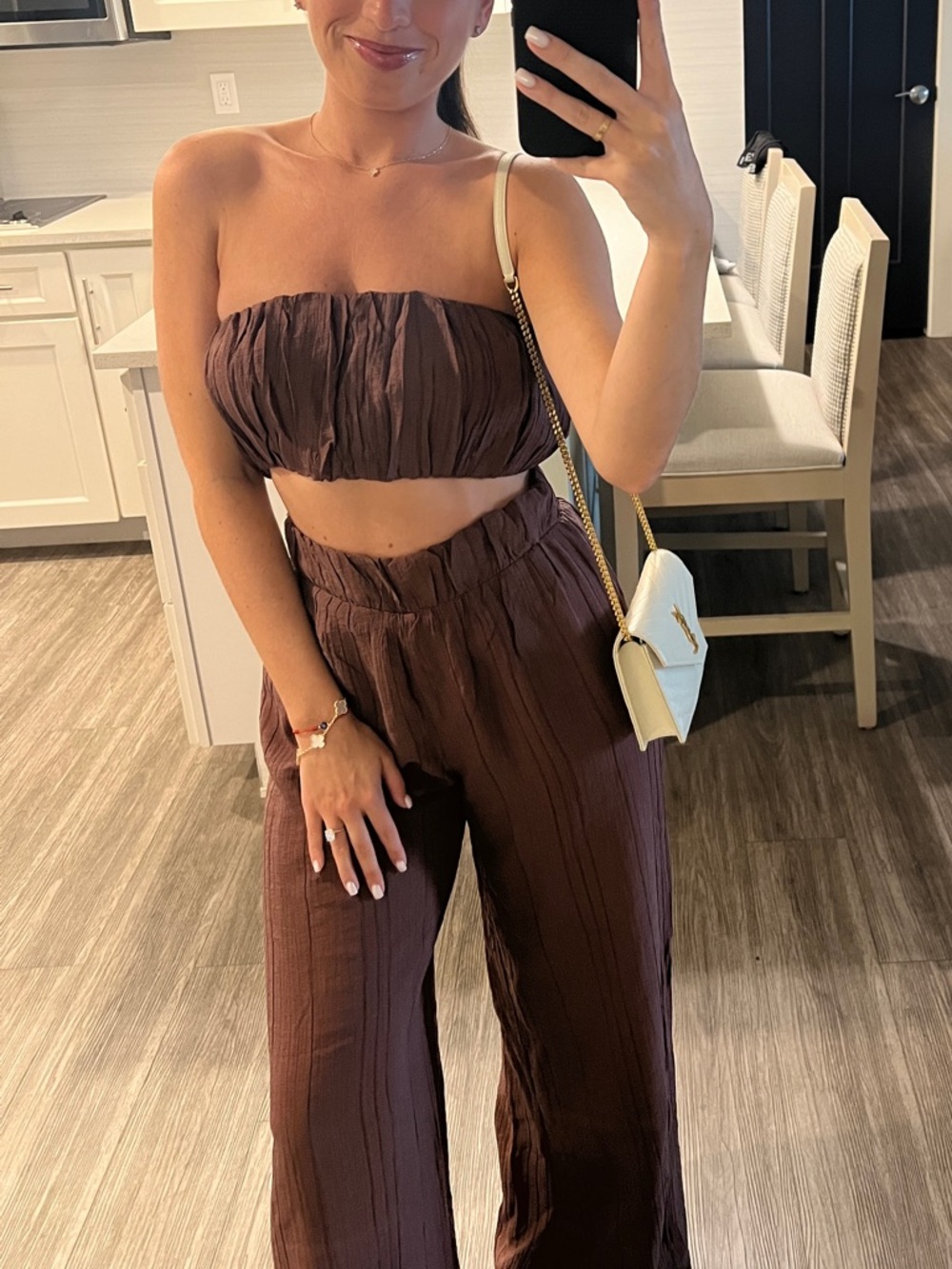 Forever 21 Chocolate Brown Strapless Crop Top & Wide-Leg Pants Set